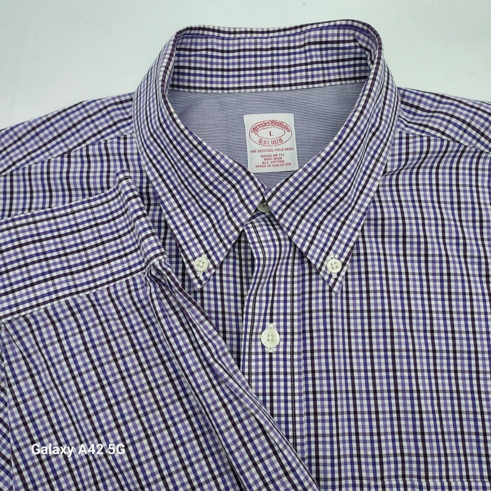 Brooks Brothers Mens Regular Fit Non-Iron Gingham Check Shirt Purple White Large